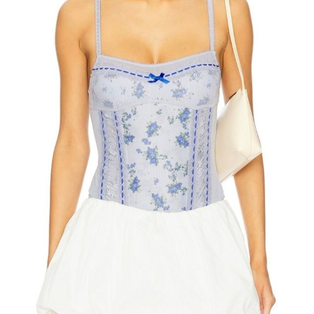 Vintage Floral Lace Mesh Bodysuit Blue Ribbon Trim Size: XS/S